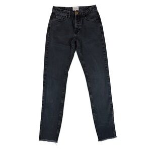 Sezane Denim High Waisted Skinny Jeans Washed Black Button Fly Raw Hem Size 26